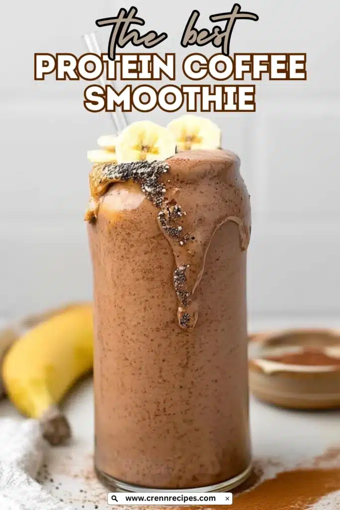 Featured recipe image of protein coffee smoothie with large text overlay reading "the best PROTEIN COFFEE SMOOTHIE"
