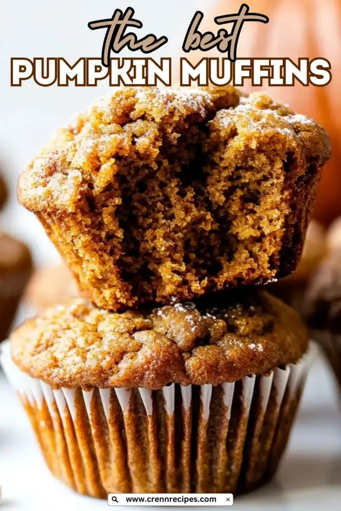 Pinterest-style vertical image of stacked pumpkin muffins with "the best PUMPKIN MUFFINS" text overlay and website URL at bottom