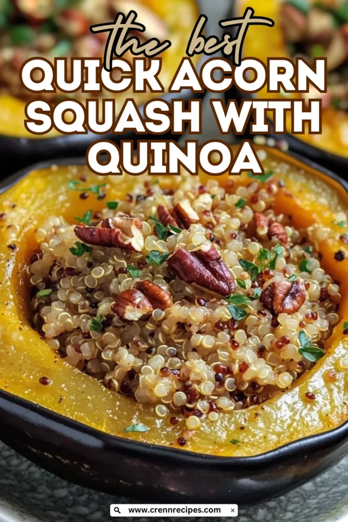 Marketing image featuring a close-up of stuffed acorn squash with white text overlay reading "the best QUICK ACORN SQUASH WITH QUINOA".