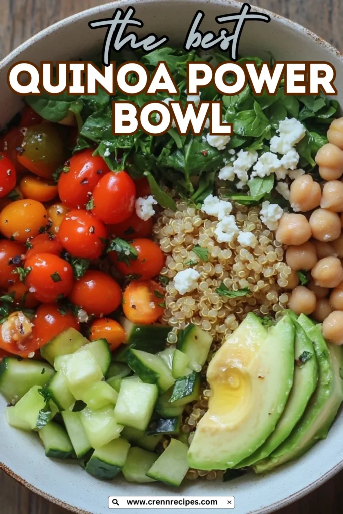 The best quinoa power bowl with overlay text title and website URL