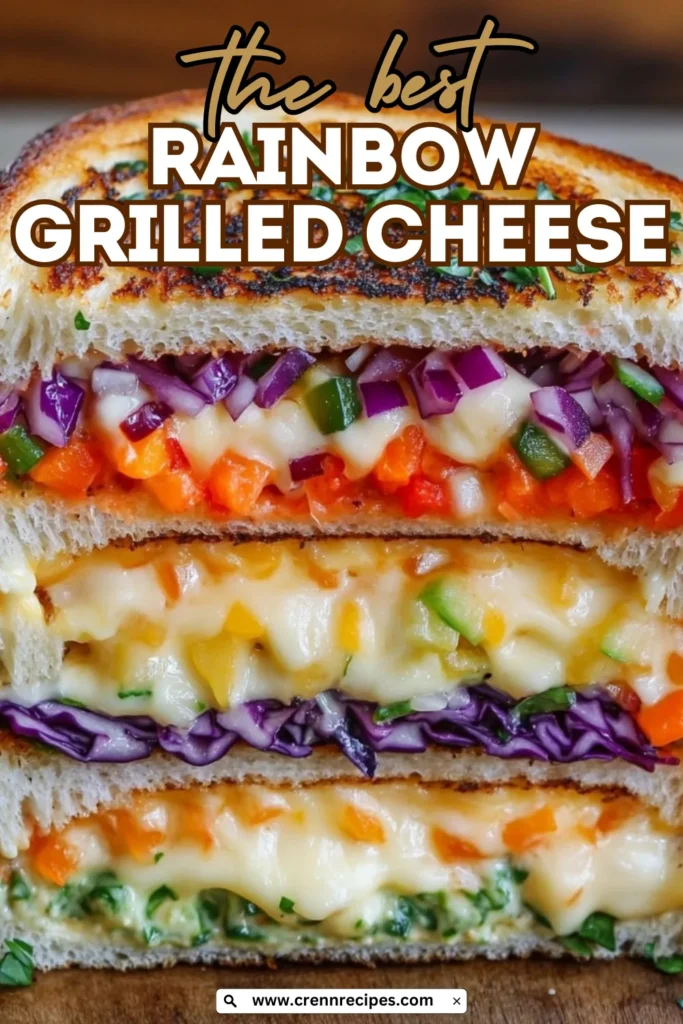 Promotional image of a Rainbow Grilled Cheese sandwich with text overlay reading "the best RAINBOW GRILLED CHEESE" displaying colorful vegetable layers between melted cheese and toasted bread.