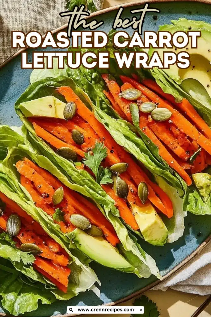 Pinterest-style roasted carrot lettuce wraps recipe image with text overlay showing finished dish