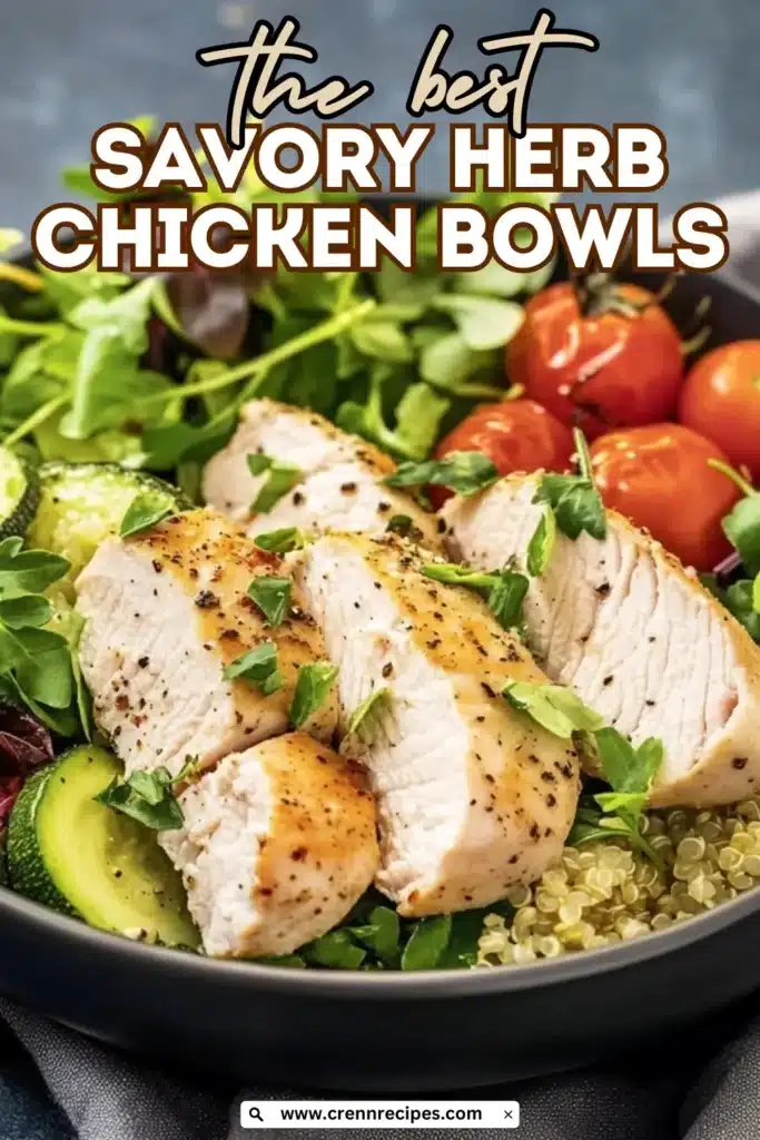 Pinterest-style promotional image of herb chicken bowl with text overlay "the best SAVORY HERB CHICKEN BOWLS" and website URL