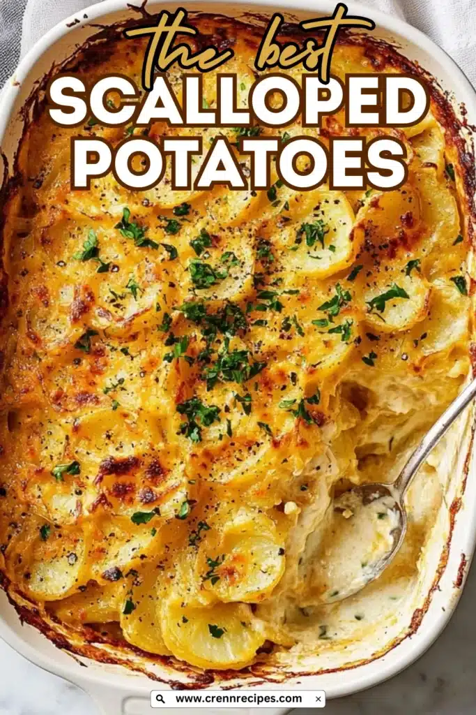 Scalloped potatoes in white baking dish with text overlay reading "the best SCALLOPED POTATOES" and website URL.