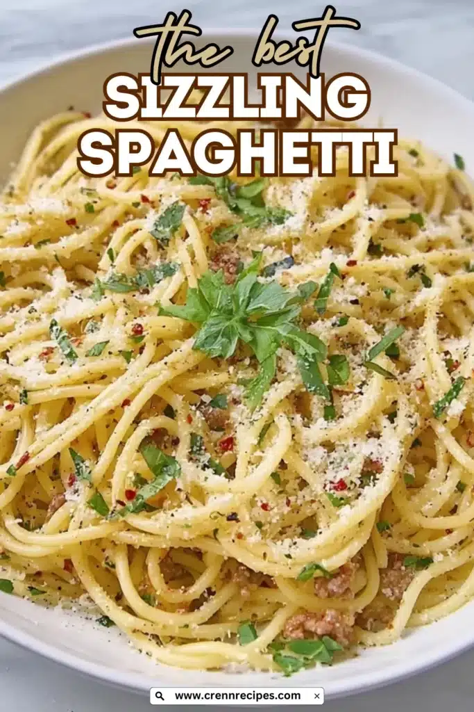 The best sizzling spaghetti recipe featured image with branded text overlay