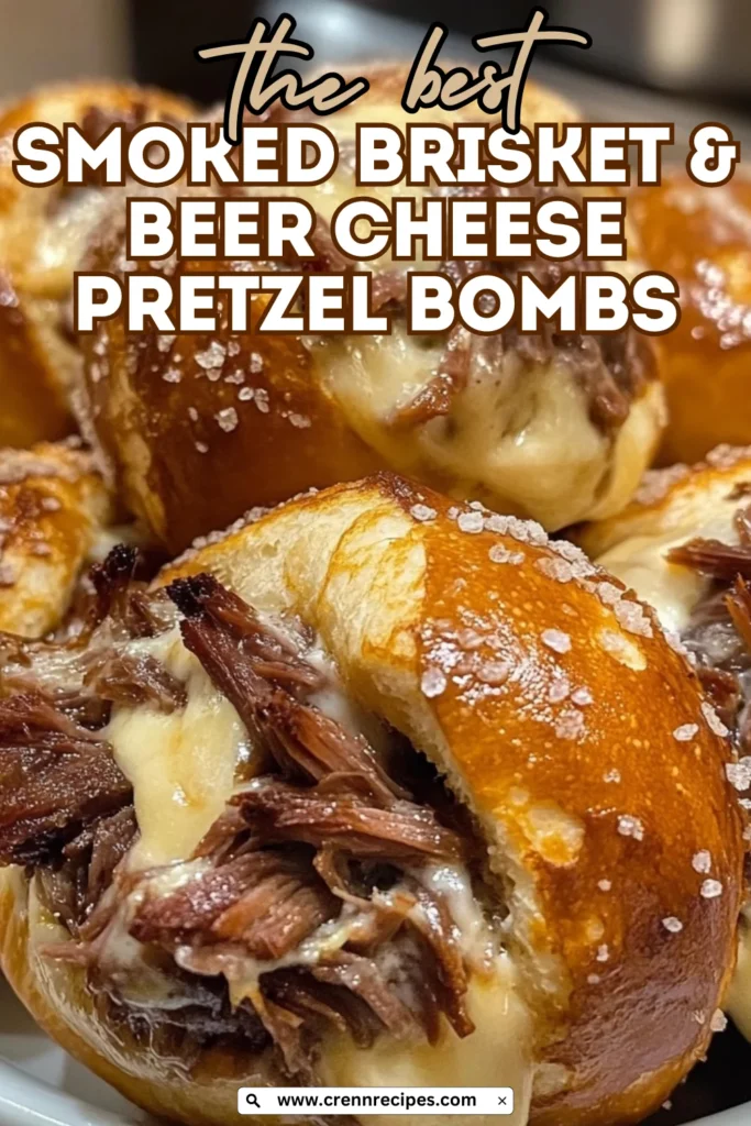 Pinterest-style promotional image featuring Smoked Brisket & Beer Cheese Pretzel Bombs with text overlay reading "the best SMOKED BRISKET & BEER CHEESE PRETZEL BOMBS" and website URL.