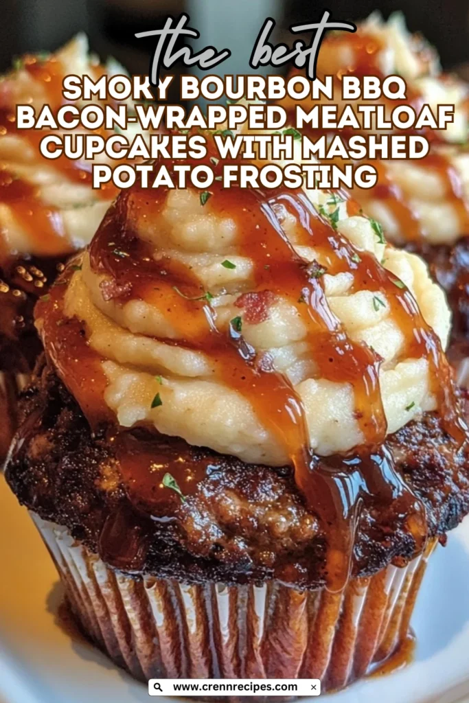 Pinterest-style promotional image of smoky bourbon BBQ bacon-wrapped meatloaf cupcakes with recipe title overlay