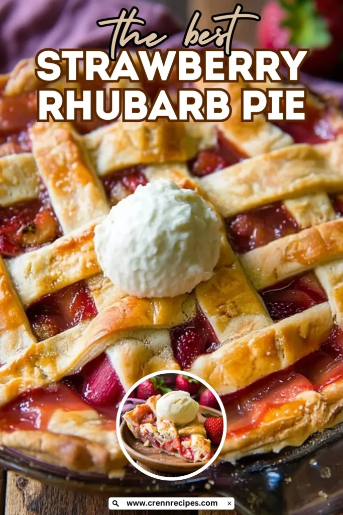 Pinterest-style graphic featuring strawberry rhubarb pie with recipe title overlay