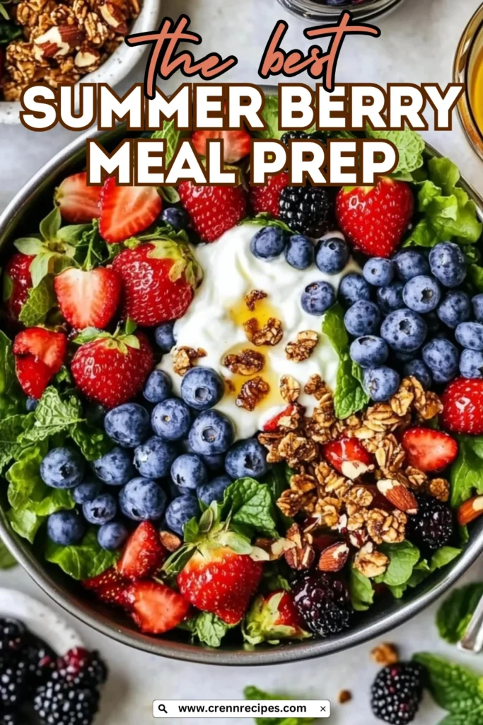 Promotional image for Summer Berry Meal Prep recipe featuring a close-up of a berry breakfast bowl with "the best SUMMER BERRY MEAL PREP" text overlay and website URL.
