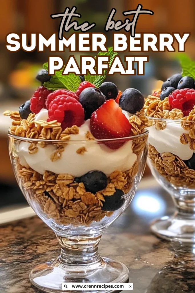 Promotional image of a Summer Berry Parfait with text overlay reading "the best SUMMER BERRY PARFAIT" featuring layers of granola, yogurt, and fresh berries.