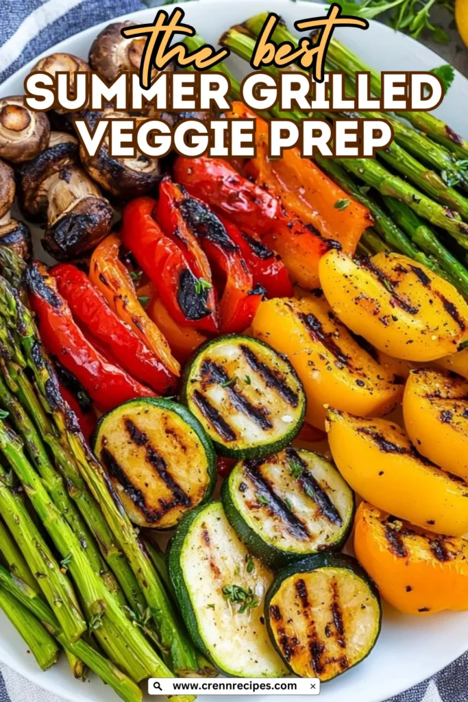 Close-up of colorful grilled vegetables with text overlay reading "the best SUMMER GRILLED VEGGIE PREP" and website URL at bottom.