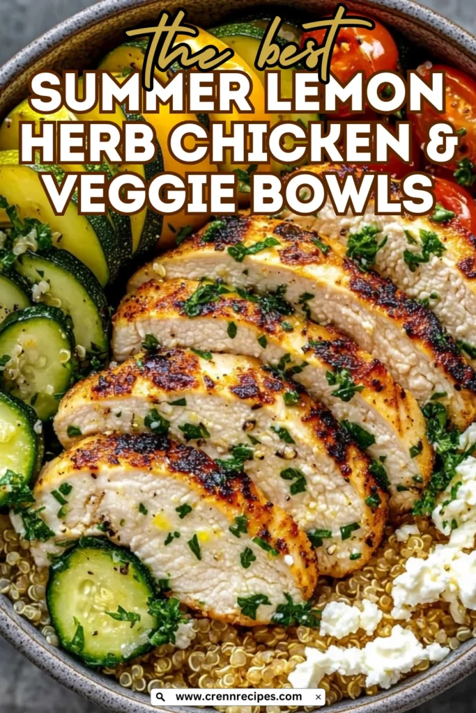 Recipe banner for Summer Lemon Herb Chicken & Veggie Bowls showing the finished dish with text overlay "the best SUMMER LEMON HERB CHICKEN & VEGGIE BOWLS".