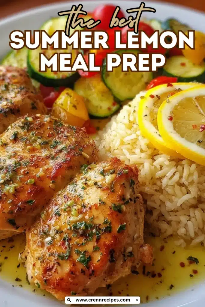 Pinterest-style graphic for summer lemon meal prep recipe featuring golden chicken and vegetables with branded overlay text
