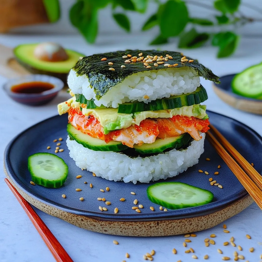 Close-up of "The Best Sushi Burger" with rice buns, salmon, avocado, cucumber and nori topping, presented with stylish text overlay.