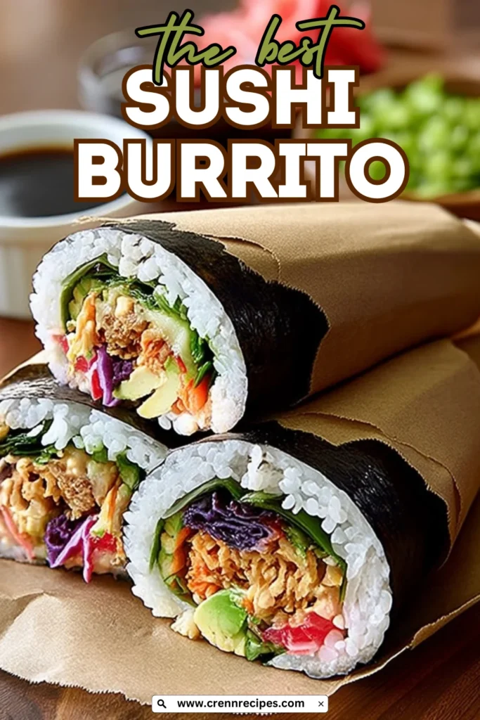 Pinterest-style promotional graphic featuring sushi burritos with bold text overlay reading "the best sushi burrito" for recipe sharing