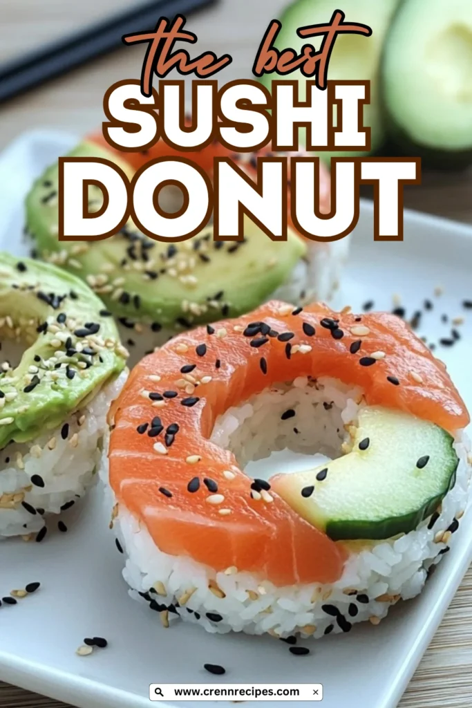 Close-up of sushi donuts with text overlay reading "the best SUSHI DONUT" featuring salmon, avocado, and sesame seed toppings.