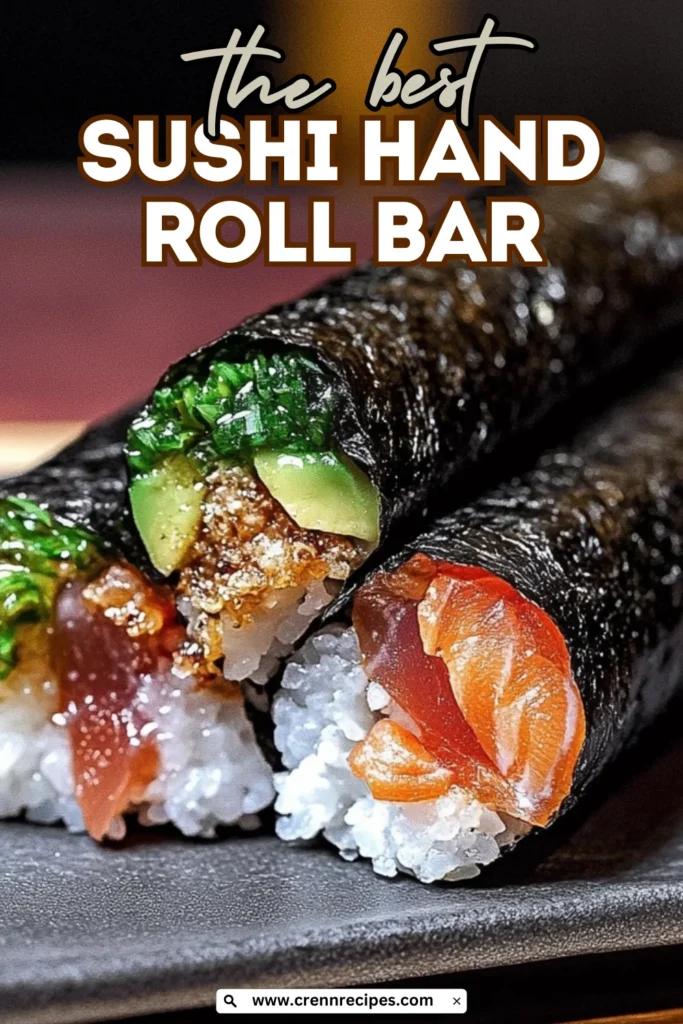 Marketing image for sushi hand roll bar recipe featuring a close-up of temaki rolls with text overlay reading 'the best SUSHI HAND ROLL BAR' and website URL at bottom.