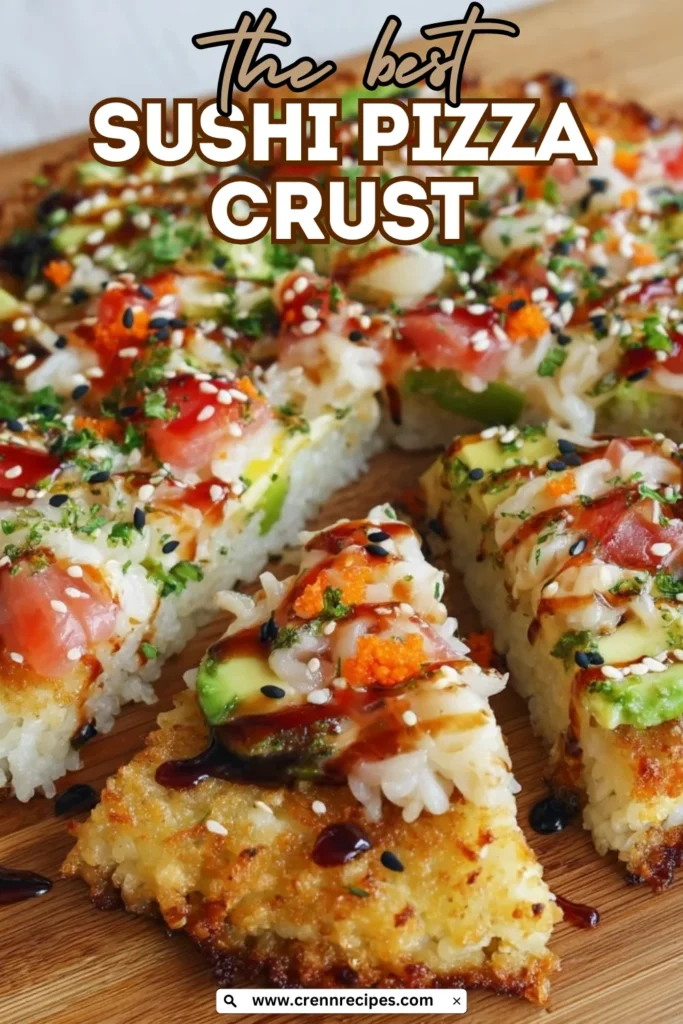 Featured image for sushi pizza crust recipe showing finished dish with "The Best Sushi Pizza Crust" text overlay