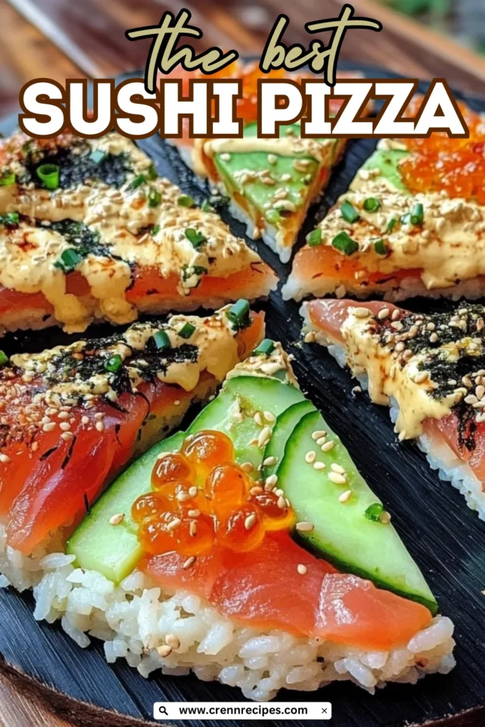 Close-up of sushi pizza slices with "the best SUSHI PIZZA" text overlay on promotional image for Crenn Recipes website.