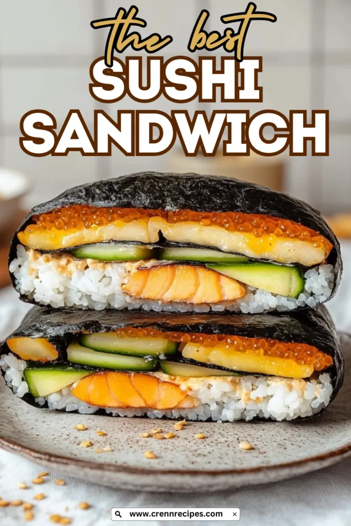 "The Best Sushi Sandwich" promotional image showing cross-section of sushi sandwich with salmon, cucumber, and fish roe