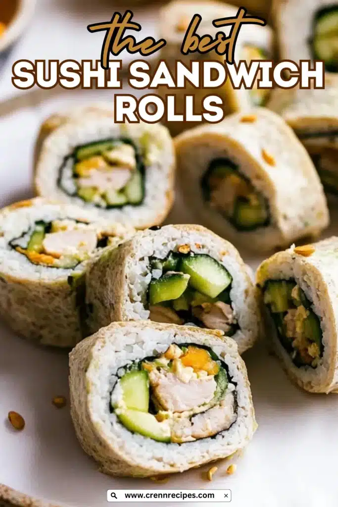 Close-up of sushi sandwich rolls with text overlay reading "the best SUSHI SANDWICH ROLLS"