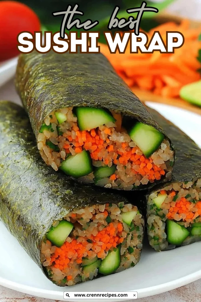 Close-up of vegetable sushi wraps with "the best SUSHI WRAP" text overlay and website URL at bottom