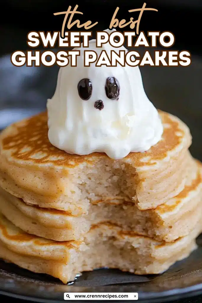 Sweet potato ghost pancakes with whipped cream ghost topping and text overlay reading "the best sweet potato ghost pancakes"