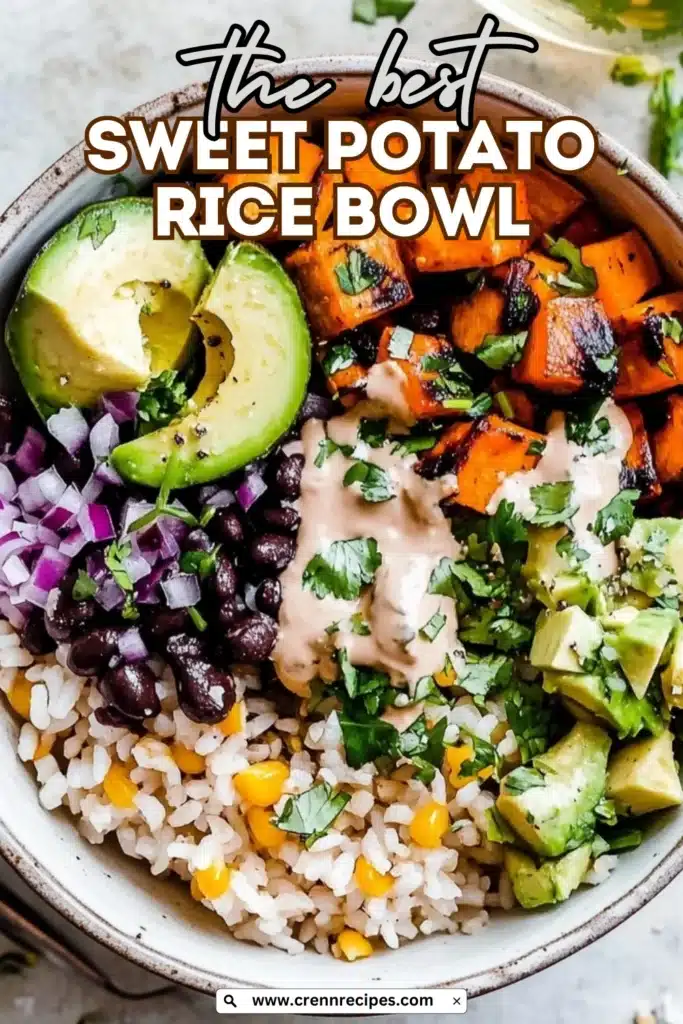 Sweet Potato Rice Bowl with text overlay reading "the best SWEET POTATO RICE BOWL" and website URL, showcasing roasted sweet potatoes, black beans, avocado, corn, rice, and sauce.