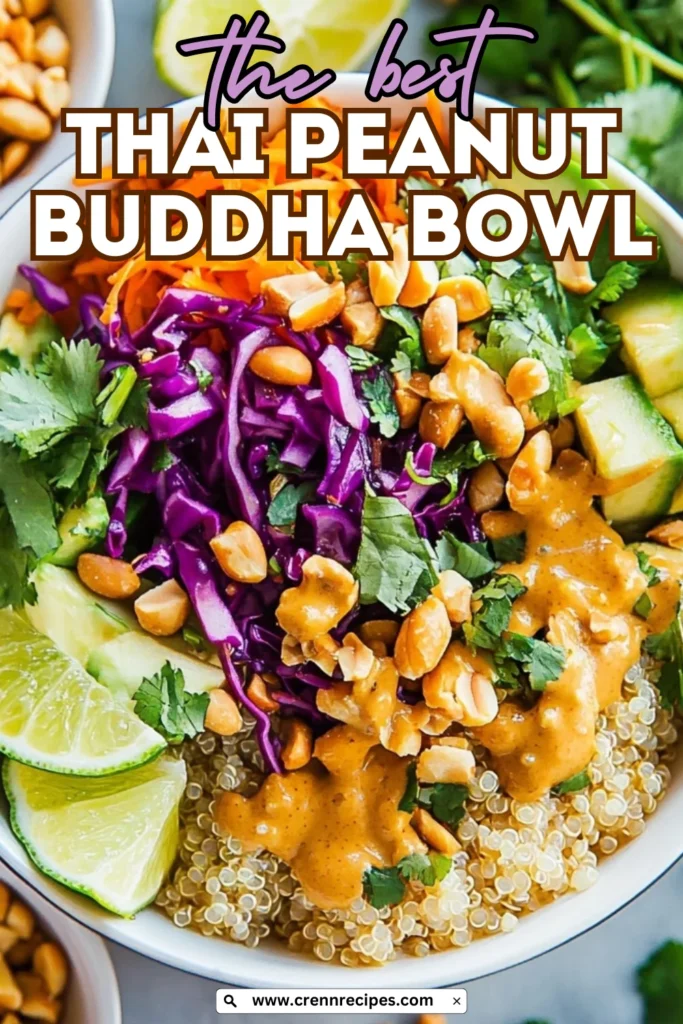 Thai Peanut Buddha Bowl promotional image with "the best THAI PEANUT BUDDHA BOWL" text overlay and website URL