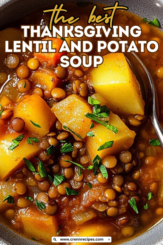 Recipe banner for Thanksgiving Lentil and Potato Soup with text "the best THANKSGIVING LENTIL AND POTATO SOUP" overlaid on a close-up image of the hearty soup.