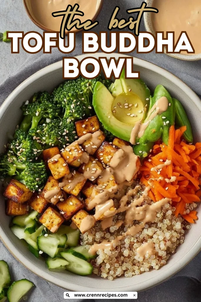 Overhead view of a Tofu Buddha Bowl with text overlay reading "the best TOFU BUDDHA BOWL" and website URL.