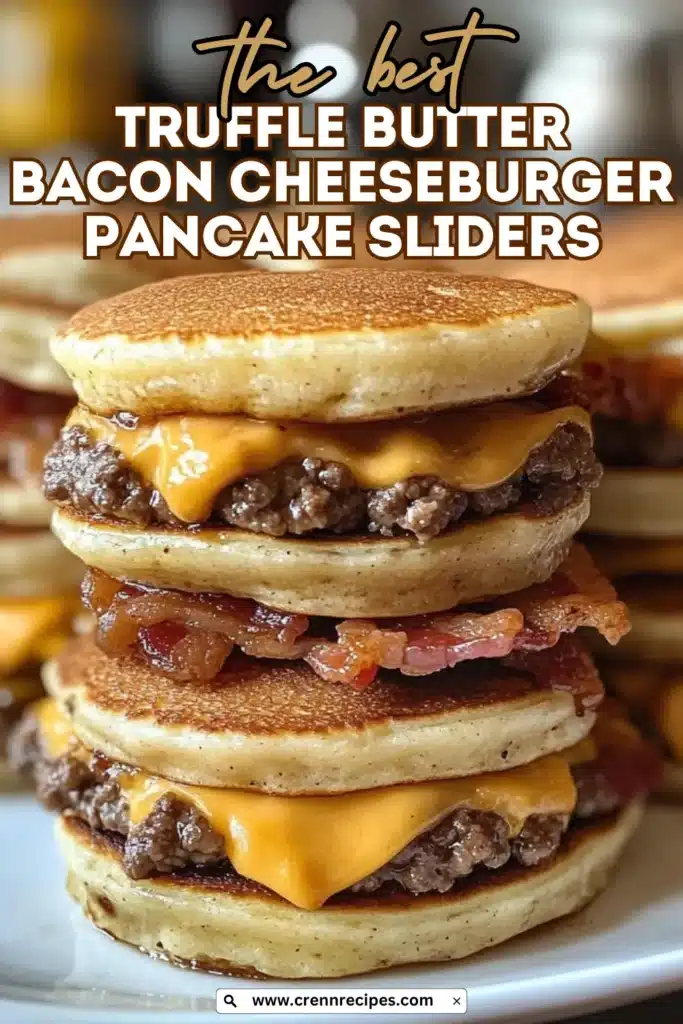 Featured recipe image showing stacked truffle butter bacon cheeseburger pancake sliders with recipe title overlay