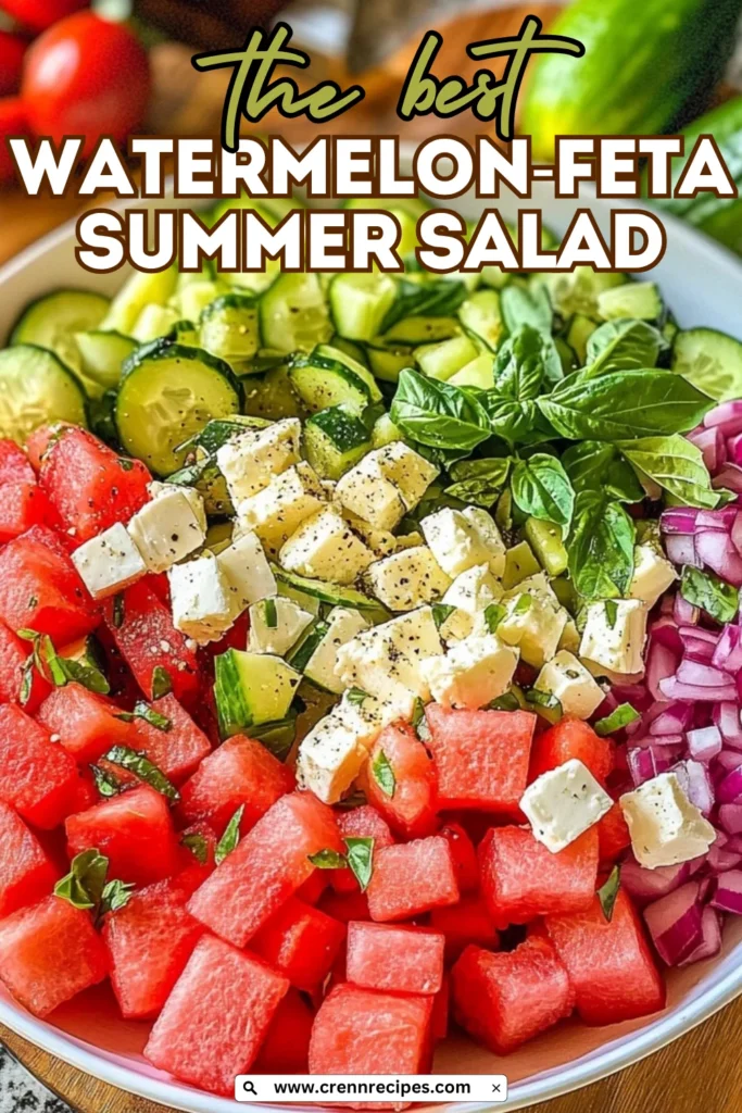 Marketing graphic for Watermelon-Feta Summer Salad with text overlay "the best WATERMELON-FETA SUMMER SALAD" above a close-up of the colorful salad ingredients.