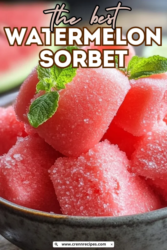 Bright pink watermelon sorbet scoops garnished with mint leaves and text overlay "the best WATERMELON SORBET"