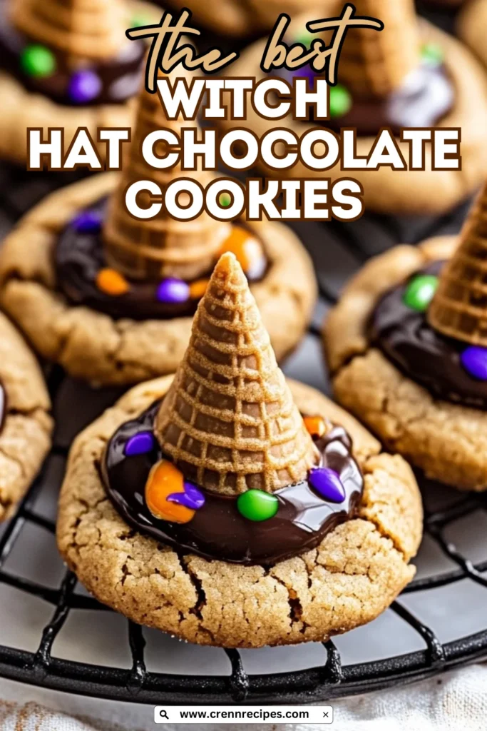 Halloween witch hat chocolate cookies with text overlay "the best WITCH HAT CHOCOLATE COOKIES"