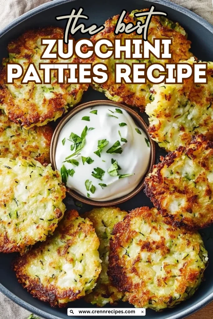 Close-up of golden zucchini patties with text overlay reading "the best ZUCCHINI PATTIES RECIPE" on a dark plate with a dip center.