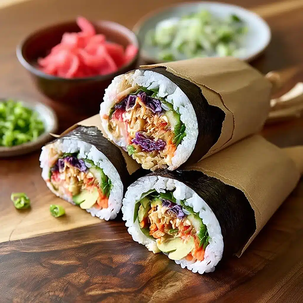 Three sushi burritos wrapped in parchment paper on cutting board with bowls of pickled ginger and wasabi in background
