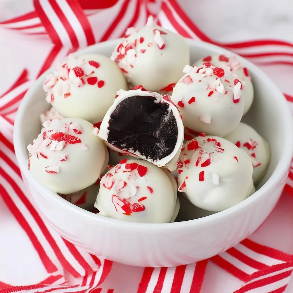 Overhead view of a bowl of peppermint Oreo truffles on a red-striped ribbon