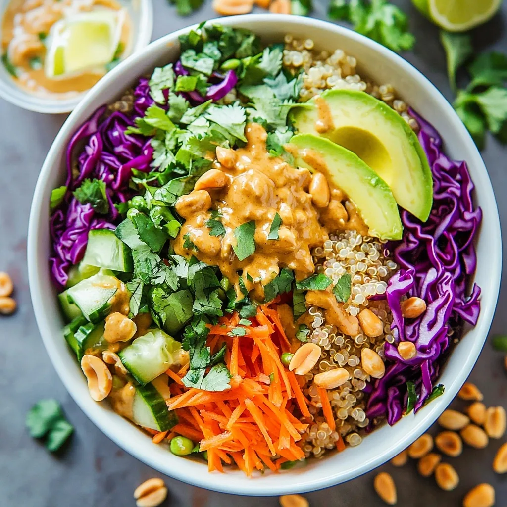 Colorful Thai Peanut Buddha Bowl with quinoa, red cabbage, carrots, cucumber, avocado and peanut sauce topped with fresh cilantro