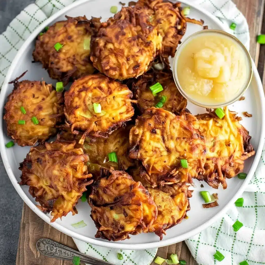 Homemade classic potato latkes with crispy edges and golden brown color served with yellow dipping sauce
