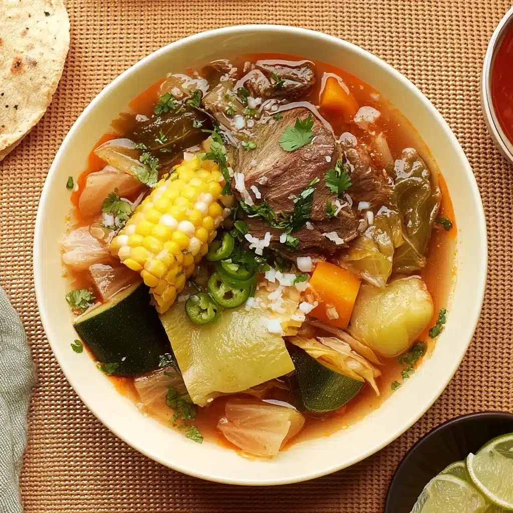 Close-up of Caldo de Res Mexican beef soup showing tender shredded beef, vegetables, and clear golden broth