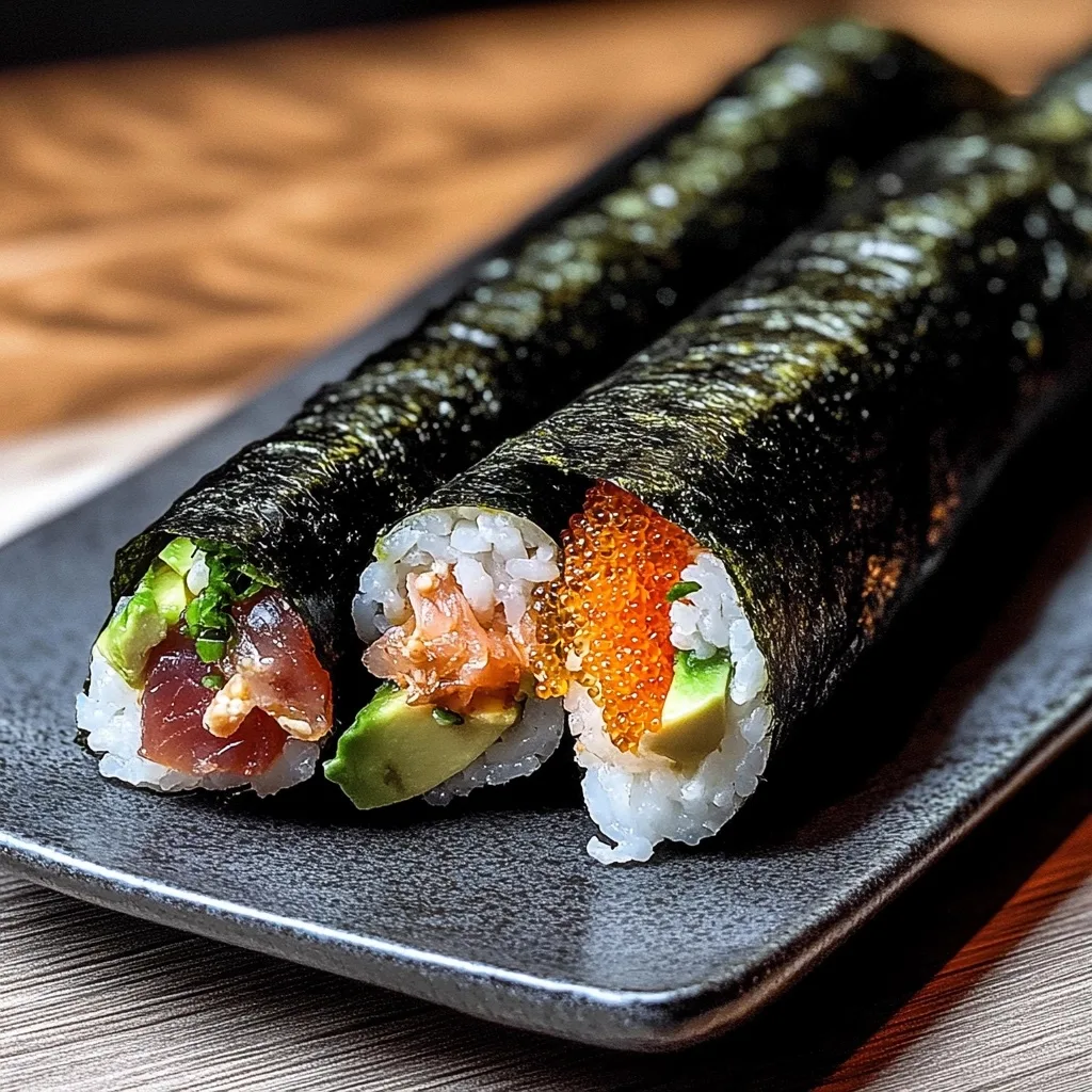 Three fresh sushi hand rolls on a black plate, featuring tuna, salmon, avocado, and orange tobiko (fish roe), showcasing the colorful ingredients inside the nori wrappers.