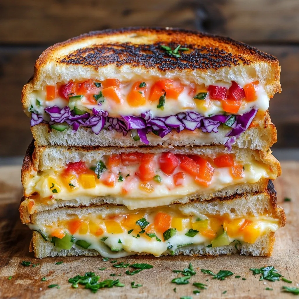 Triple-layer Rainbow Grilled Cheese sandwich cut and stacked to show colorful vegetable stripes including red bell peppers, orange carrots, green zucchini, and purple cabbage between melted cheese layers.