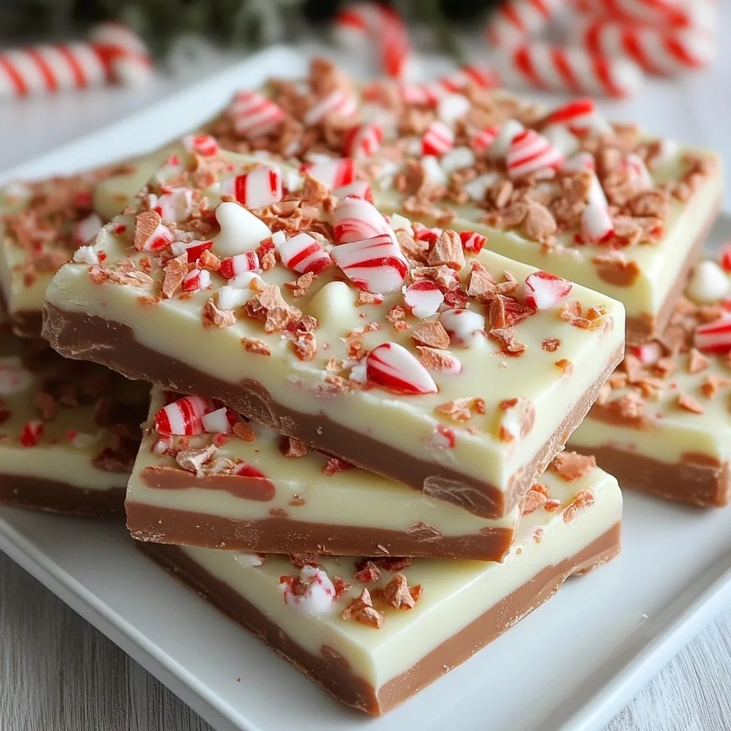 Three stacked squares of peppermint bark with white chocolate, milk chocolate layers, topped with candy cane pieces and toffee bits on a white plate