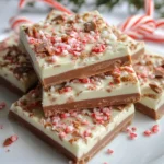 Close-up of peppermint bark squares with white chocolate top layer, milk chocolate middle layer, and crushed candy canes and toffee bits on white plate with candy canes in background