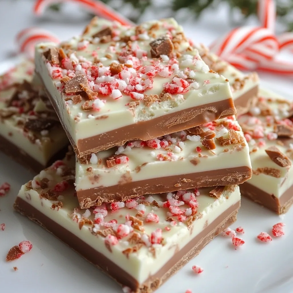 Close-up of peppermint bark squares with white chocolate top layer, milk chocolate middle layer, and crushed candy canes and toffee bits on white plate with candy canes in background