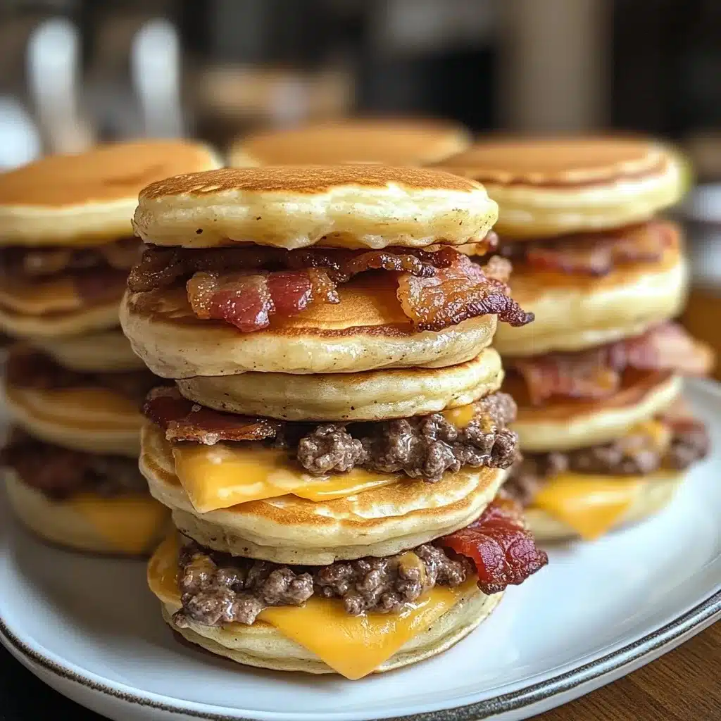 Triple-stacked truffle butter bacon cheeseburger pancake sliders with melted cheese and crispy bacon on white plate