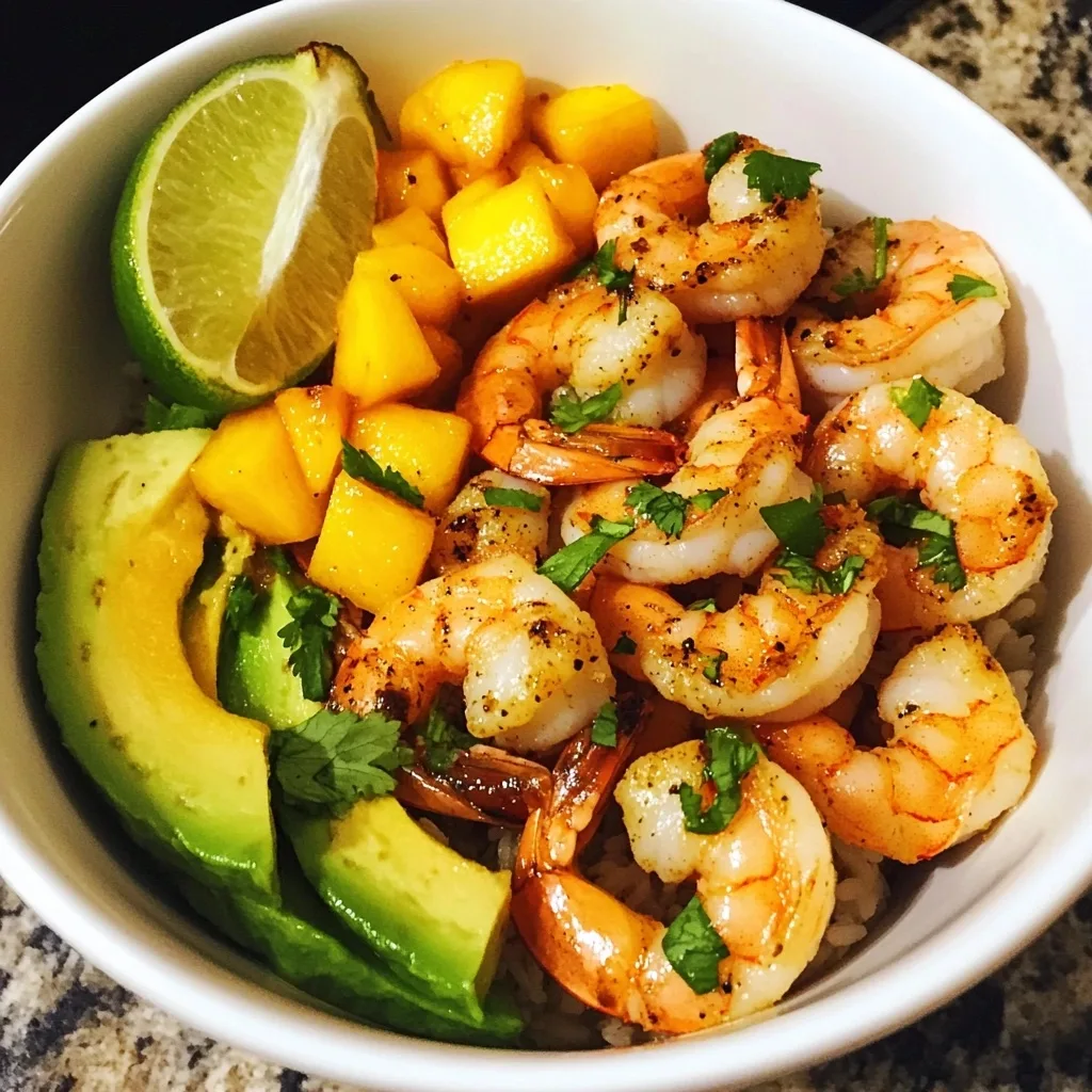 A white bowl with seasoned shrimp, mango chunks, avocado slices, and a lime wedge over a base of rice.