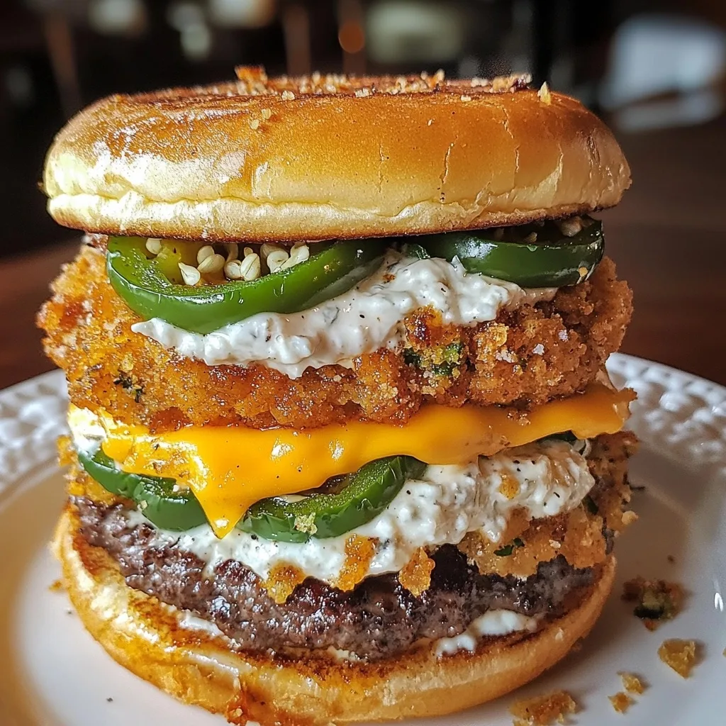 Double-decker jalapeño popper smash burger with ranch drizzle showing two beef patties, melted cheddar cheese, fresh jalapeño slices, and creamy ranch sauce on a toasted bun