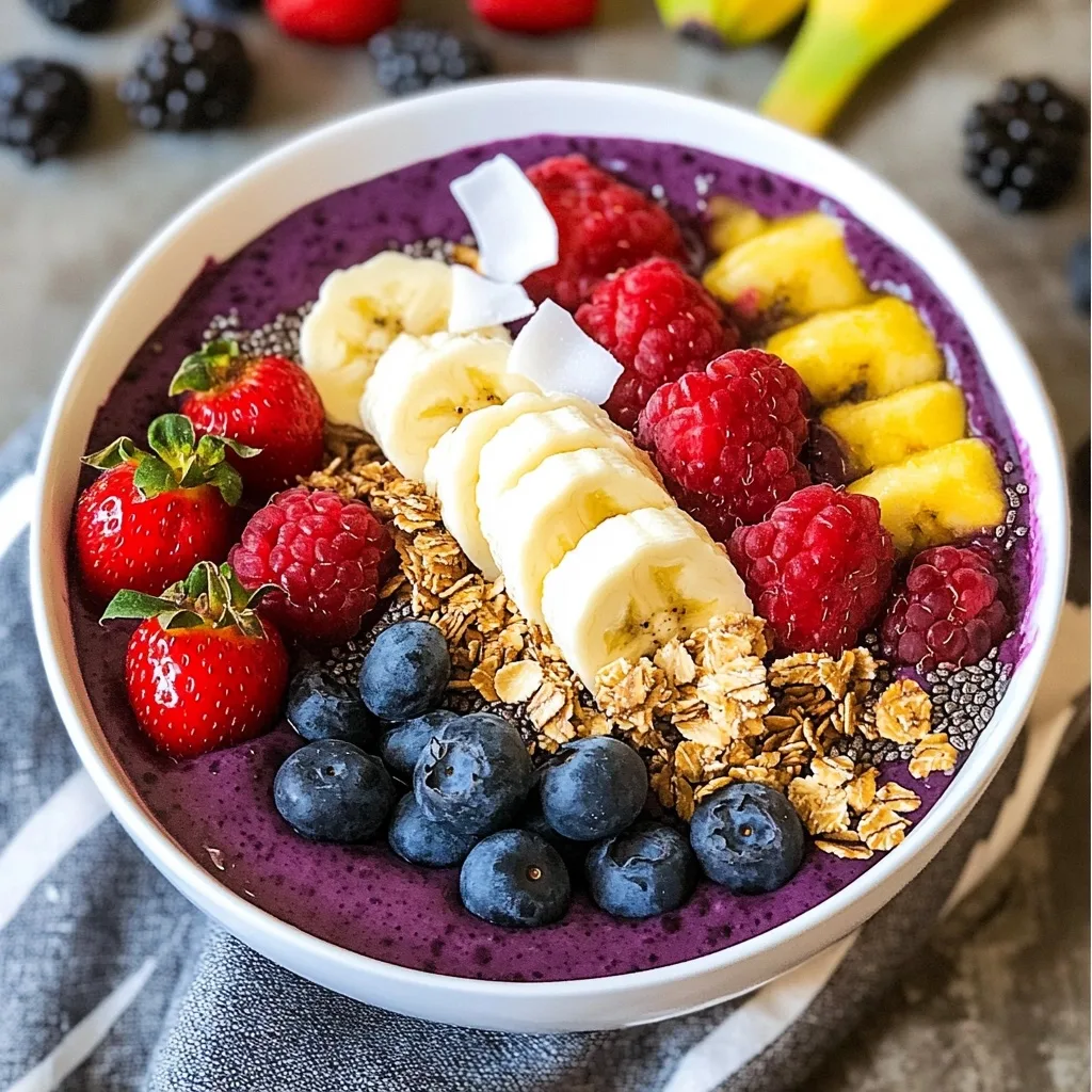 Vibrant purple acai bowl topped with sliced banana, raspberries, strawberries, blueberries, granola, and coconut flakes in a white bowl.